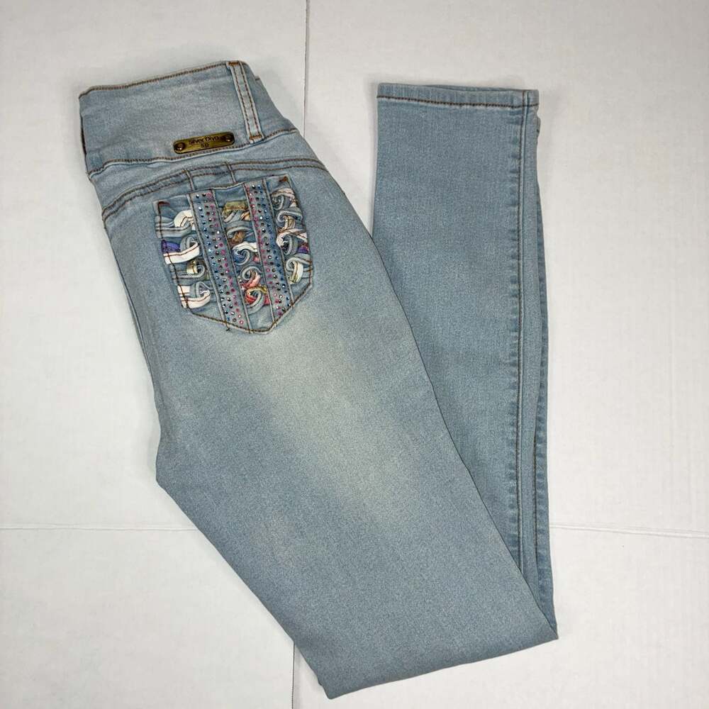 Silver Diva Light Wash Distressed Women Rhinestone Gem Skinny Jeans